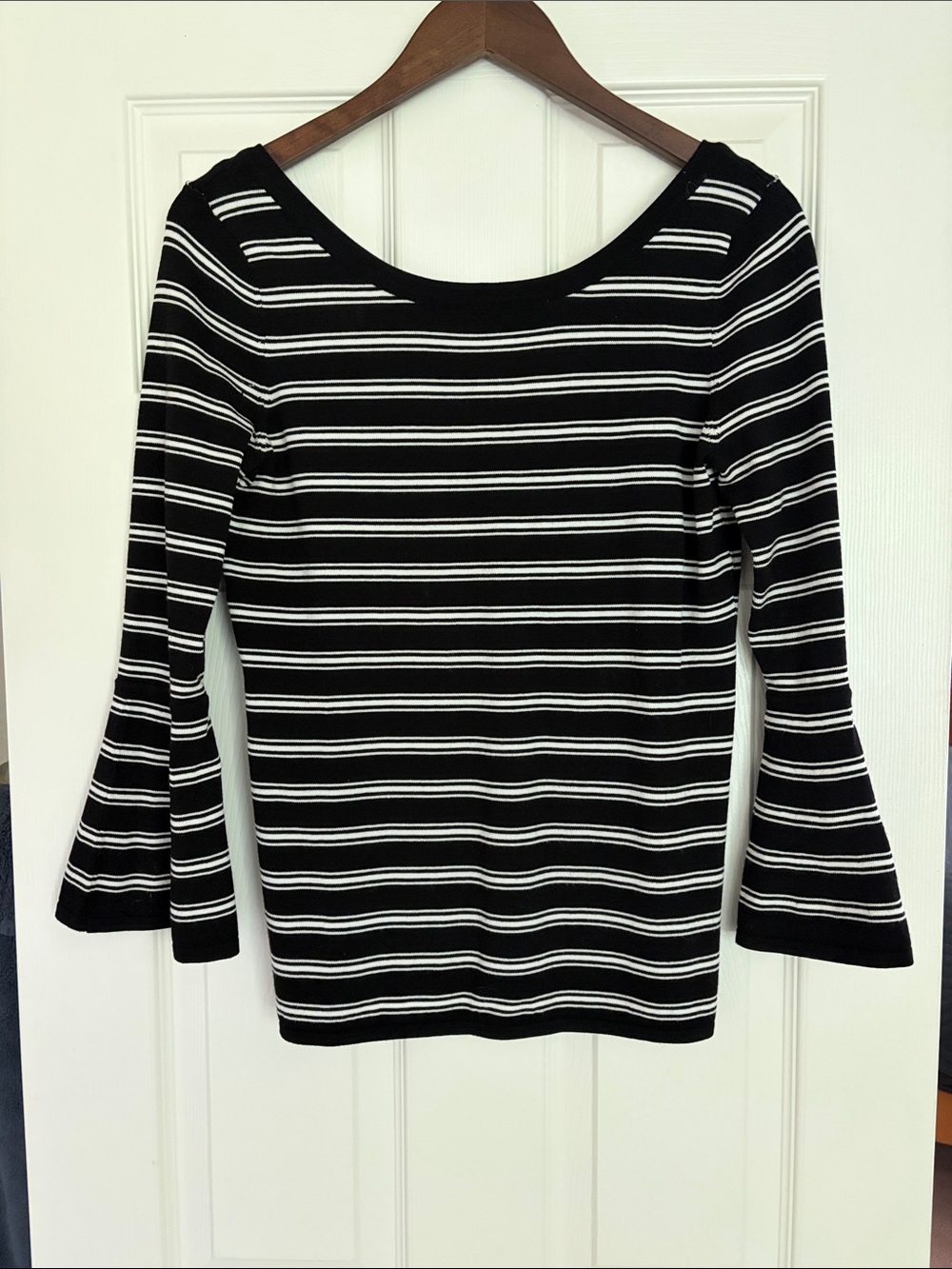 White House Black Market Black and White Striped Boatneck Long Sleeve Top
